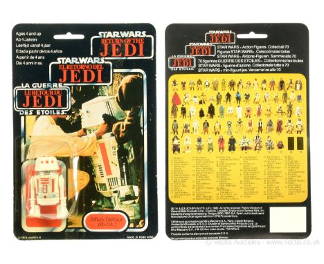 Palitoy Star Wars Return of the Jedi Tri-Logo vintage R5-D4 3 3/4" figure, Mint, within Fair (dented and yellowed) bubble, up