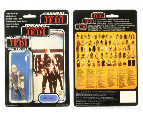 Palitoy Star Wars Return of the Jedi Tri-Logo vintage Dengar 3 3/4" figure, Mint, within Good (dented) bubble, upon Good Plus