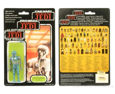 Palitoy Star Wars Return of the Jedi Tri-Logo vintage 2-1B 3 3/4" figure, Mint, within Excellent (slight dents) bubble, upon 