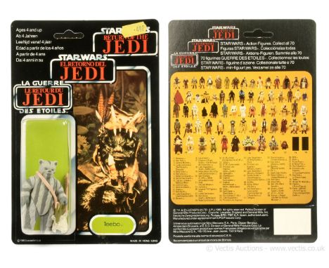 Palitoy Star Wars Return of the Jedi Tri-Logo vintage Teebo 3 3/4" figure, Mint, within Near Mint bubble, upon Near Mint un-p