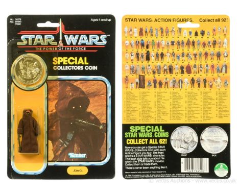 Kenner Star Wars vintage The Power of the Force Jawa 3 3/4" figure, Mint, within Good Plus (dented and yellowed) bubble, upon