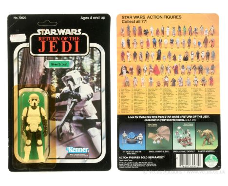 Kenner Star Wars Return of the Jedi vintage Biker Scout 3 3/4" figure, Mint, within Excellent (yellowed) bubble, upon Good (c