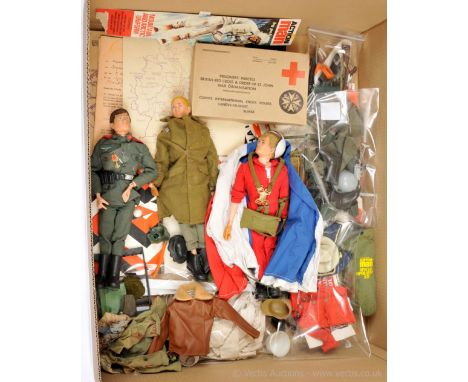 Large quantity of Palitoy Action Man vintage figures, vehicle, uniforms, weapons and accessories, includes dressed figures x 