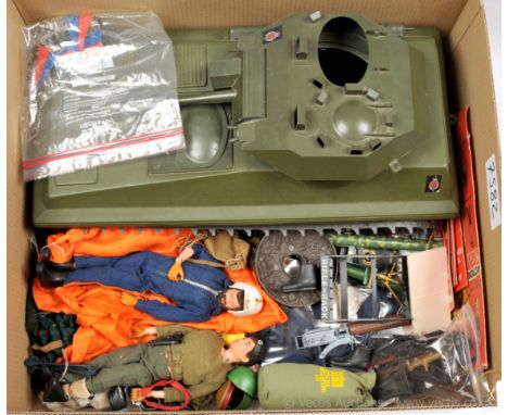 Large quantity of Palitoy Action Man vintage figures, vehicle, uniforms, weapons and accessories, includes dress figures x 2,