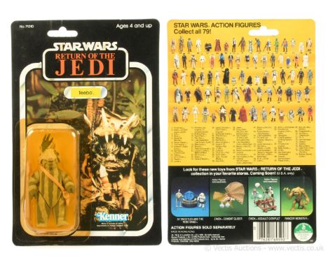 Kenner Star Wars Return of the Jedi vintage Teebo 3 3/4" figure, Mint, within Good (dented and yellowed) bubble, upon Good Pl