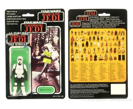 Palitoy Star Wars Return of the Jedi Tri-Logo vintage Biker Scout 3 3/4" figure, Mint, within Near Mint bubble, upon Good Plu