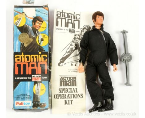 Palitoy Action Man Vintage Atomic Man - flock head with signalling eye, gripping hands, black jumpsuit with atomic leg and ar