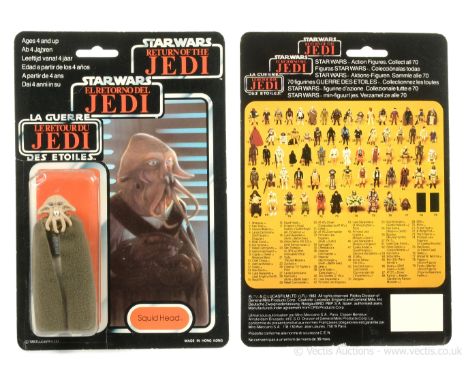 Palitoy Star Wars Return of the Jedi Tri-Logo vintage Squid Head 3 3/4" figure, Mint, within Good Plus (dented) bubble, upon 