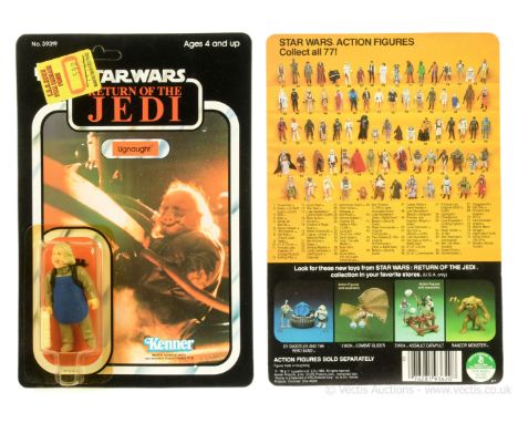 Kenner Star Wars Return of the Jedi vintage Ugnaught 3 3/4" figure, Mint, within Excellent (yellowed) bubble, upon Near Mint 
