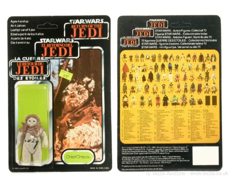 Palitoy Star Wars Return of the Jedi Tri-Logo vintage Chief Chirpa 3 3/4" figure, Mint, within Good Plus (slight dents) bubbl