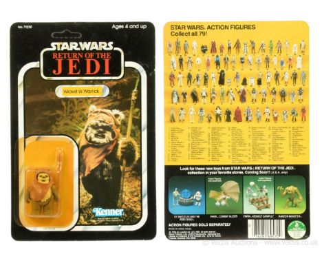 Kenner Star Wars Return of the Jedi vintage Wicket 3 3/4" figure, Mint, within Excellent (yellowed) bubble, upon Good Plus (c
