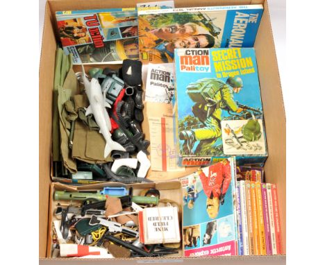 Quantity of loose Palitoy vintage Action Man weapons and accessories including guns, hats, boots, rifle rack, cases and other