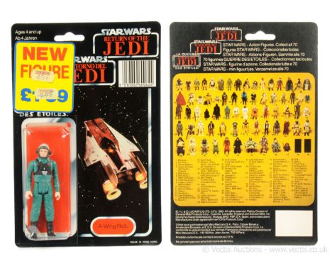 Palitoy Star Wars Return of the Jedi Tri-Logo vintage A-Wing Pilot 3 3/4" figure, Mint, within Good (dented) bubble, upon Nea