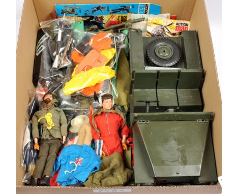 Large quantity of Palitoy Action Man vintage figures, vehicle, uniforms, weapons and accessories, includes dressed figures x 