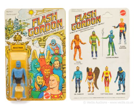 Mattel vintage Flash Gordon Beastman 3 3/4" figure, Near Mint, within Good Plus (dented) bubble, upon Excellent un-punched 8 