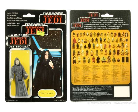 Palitoy Star Wars Return of the Jedi Tri-Logo vintage Emperor 3 3/4" figure, Mint, within Near Mint bubble, upon Excellent (l