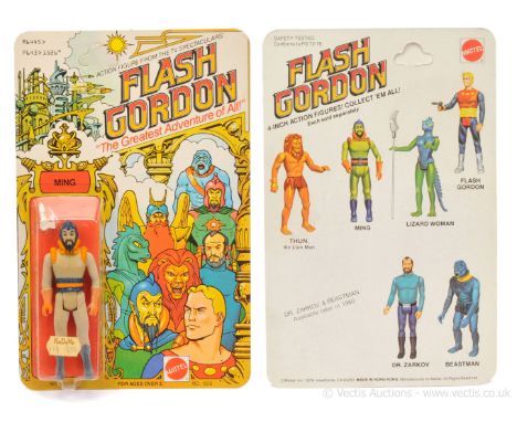 Mattel vintage Flash Gordon Ming 3 3/4" figure, Near Mint, within Excellent bubble, upon Excellent un-punched 6 back card.