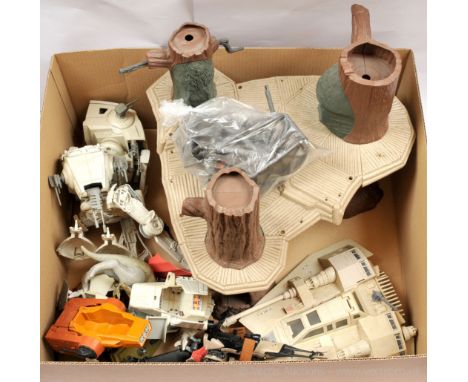 Quantity of Star Wars vintage Vehicles including Scout Walkers, Snowspeeder, Speeder Bikes and others, generally Fair to Good