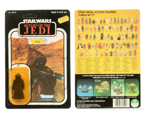 Kenner Star Wars Return of the Jedi vintage Jawa 3 3/4" figure, Mint, within Excellent (yellowed) bubble, upon Near Mint un-p