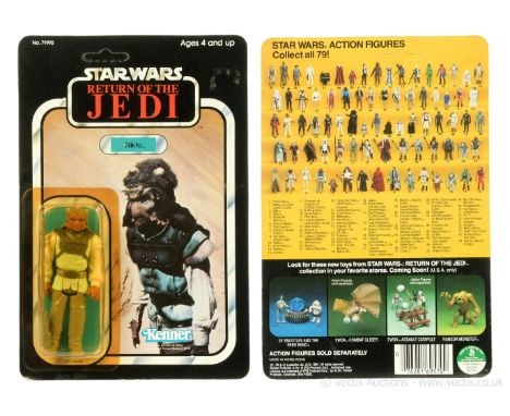 Kenner Star Wars Return of the Jedi vintage Nikto 3 3/4" figure, Mint, within Excellent (yellowed) bubble, upon Excellent (li
