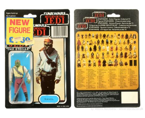 Palitoy Star Wars Return of the Jedi Tri-Logo vintage Barada 3 3/4" figure, Mint, within Good Plus (dented) bubble, upon Exce