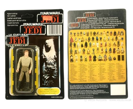 Palitoy Star Wars Return of the Jedi Tri-Logo vintage Han Solo Carbonite 3 3/4" figure, Mint, within Good Plus (dented) bubbl