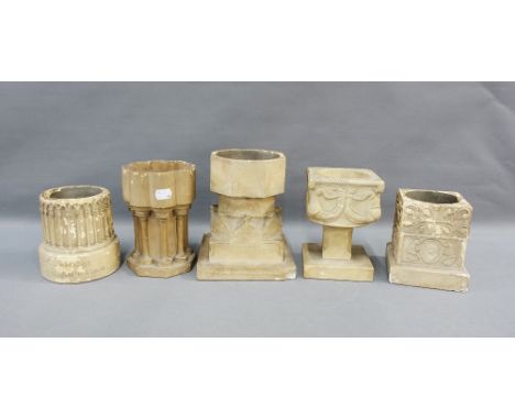 A collection of five R.Hutt of Cambridge miniature small scale church fonts of Gothic design, one inscribed modelled for the 