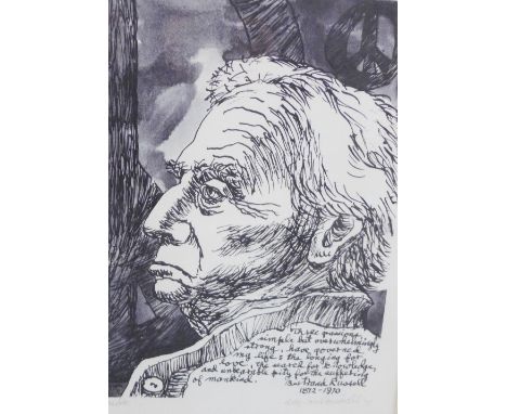 Byron Randall, (American b.1918)  Bertrand Russell Ink Sketch, signed in pencil and dated  '77,  Framed under glass, 39 x 40c