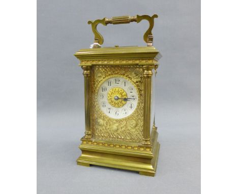 19th century French brass cased carriage clock, with silvered chapter ring, signed W. Marshall &amp; Co, Paris, with floral p