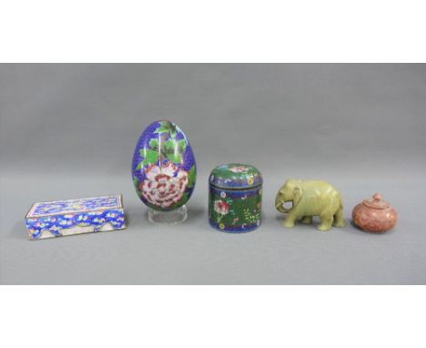 Mixed lot to include a cloisonne egg, jar and cover, rectangular enamel box, soapstone elephant and trinket jar, (5)  