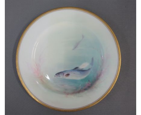 Royal Worcester Salmon pattern porcelain cabinet plate, signed J. Wilson, with gilt edged rim, 23cm diameter 