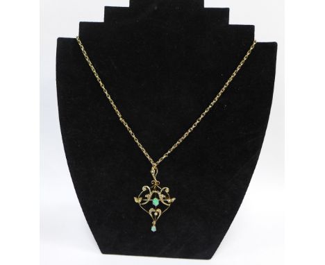 An Edwardian opal and seed pearl pendant on a 9ct gold chain 