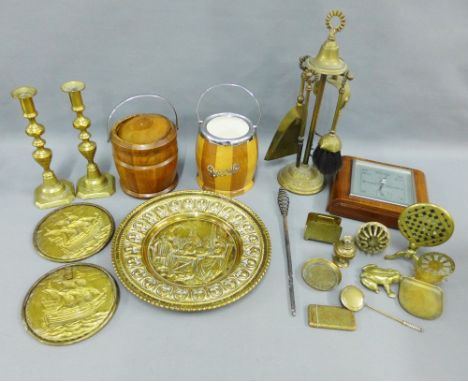 Carton containing brass wares, barometer and wooden biscuit barrels, etc (a lot) 