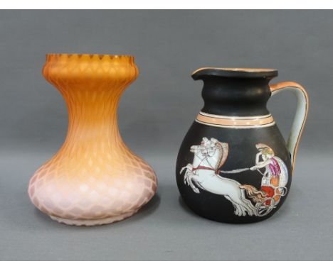 Hector Chiden , Paris - Juno and Minerva jug together with an orange satin glass vase with lattice pattern, tallest 14cm (2) 