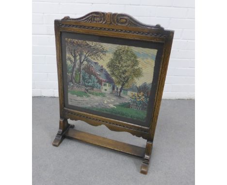 Oak framed fire screen with tapestry panel, 77 x 56cm 