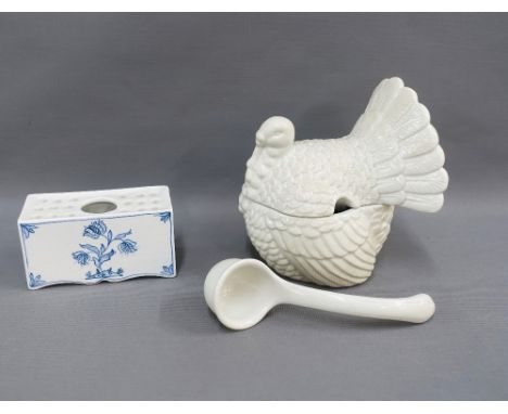 Isis blue and white pottery flower posy brick together with a whit glazed bird tureen and ladle for Williams Somonia (2) 