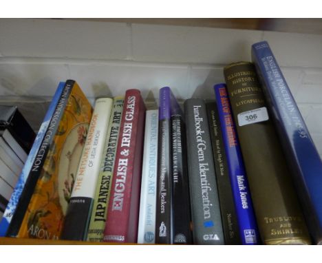 A shelf of antique and Art reference books to include English &amp; Irish glass, Netsuke Handbook, Japanese Decorative Art, A