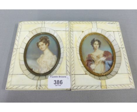 Pair of 19th century framed ivory portrait miniatures, 11 x 14cm overall (2) 