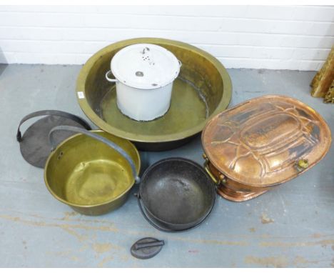 Metal wares to include a large circular brass bowl, copper planter, iron pots and a white enamel tin, etc (a lot) 