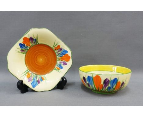 Clarice Cliff, Bizarre, Crocus pattern trinket dish and small bowl, 11cm diameter, (2) 