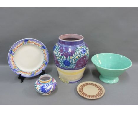 Carter Stabler &amp; Adams Poole pottery to include a large baluster vase (damaged), small ovoid vase, plates and a green gla