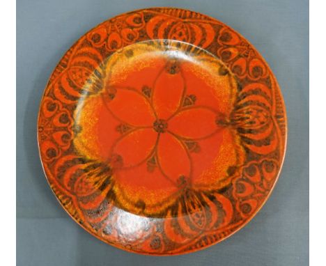 William S. Mycock for Pilkingtons Royal Lancastrian orange flambe glazed charger with stylised lustre pattern, with impressed