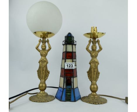 Pair of decorative brass lights and leaded light in shape of lighthouse (3)