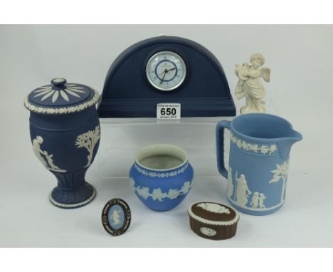 A good collection of modern Wedgwood items to include mantle clock, lidded vase, white on brown with love box, plaque stand e