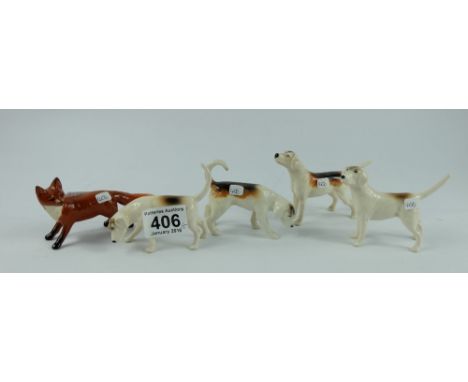 Beswick Foxhounds to include 941, 942 and 943 (second version) and 944 (first version) together with Fox Standing 1016A (5)