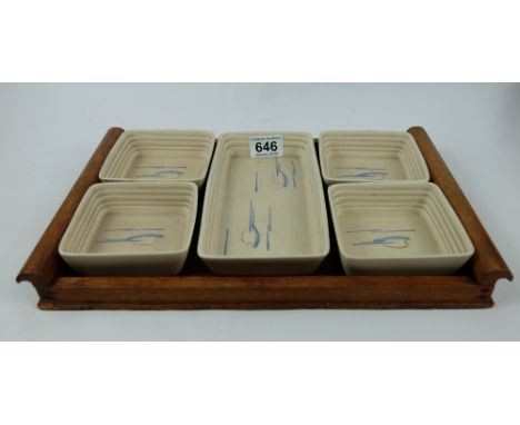 Clarice Cliff Hors d'Oeuvres Set decorated with Stylised Fish in a Wooden Tray