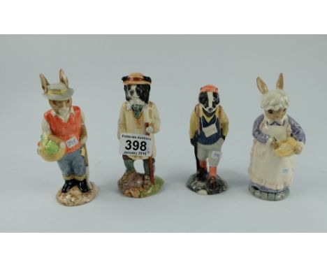 Beswick English Country Folk figures Gardener Rabbit ECF3, Mrs Rabbit Baking ECF7, Hiker Badger ECF6 and Shepard Sheepdog ECF