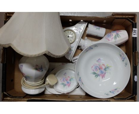 A collection of Aynsley Little Sweetheart pottery including large lamp and shade, clock, dishes etc  (9)