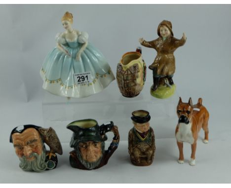 Royal Doulton collection of items to include small character jugs Merlin and Rip van winkle, embossed Tony weller jug, Mr Pic