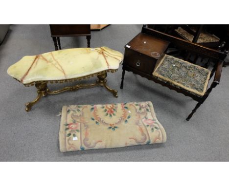 Brass and Onyx coffee table, hall carpet and Oak telephone table (2)